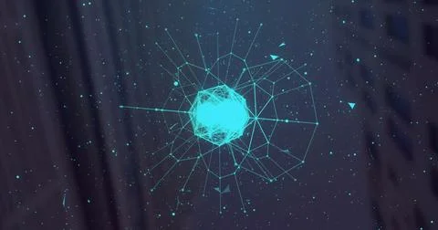 Geometric wireframe sphere and network connections image over starry background Foto stock