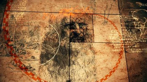 A geometrical 3d rendering of code Da Vinci with the portrait of the old Ital Illustrazione stock