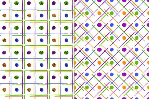 Geometrical check seamless patterns, collection of 2. Hand drawn doodle lines Stock Illustration