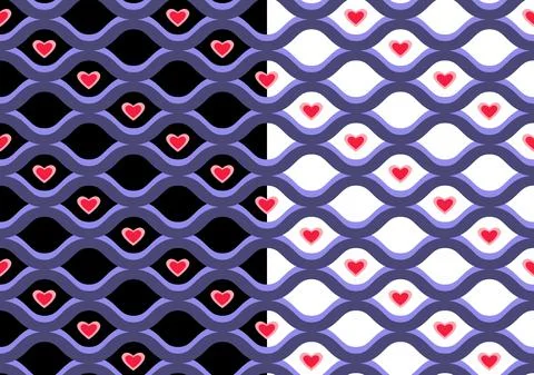 Geometrical grid seamless pattern, blue sea waves lines, red heart shapes. Black Stock Illustration