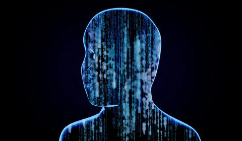 Geometrical man face with binary code - 3D illustration Stock-Illustration