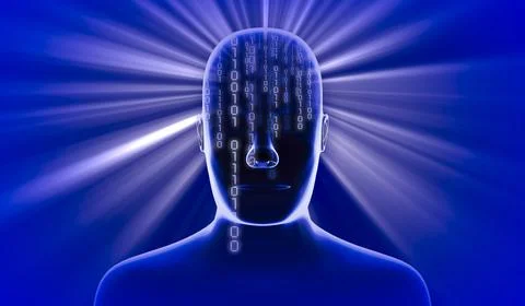 Geometrical man face with binary code and rays of light - 3D illustration Illustrazione stock