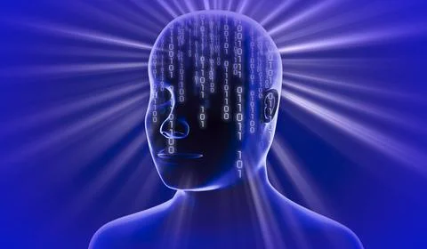 Geometrical man face with binary code and rays of light - 3D illustration Stock Illustration