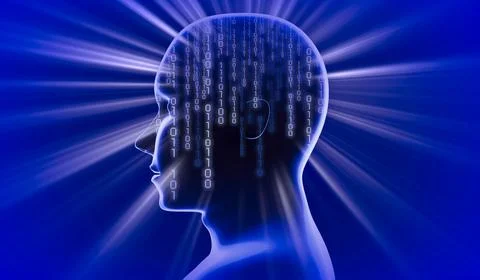 Geometrical man face with binary code and rays of light - 3D illustration Stock Illustration