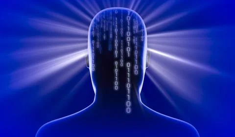 Geometrical man face with binary code and rays of light - 3D illustration Stock Illustration