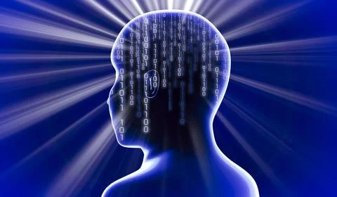 Geometrical man face with binary code and rays of light - 3D illustration Illustrazione stock