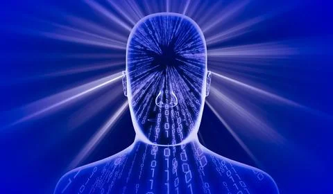 Geometrical man face with binary code and rays of light - 3D illustration Stock Illustration