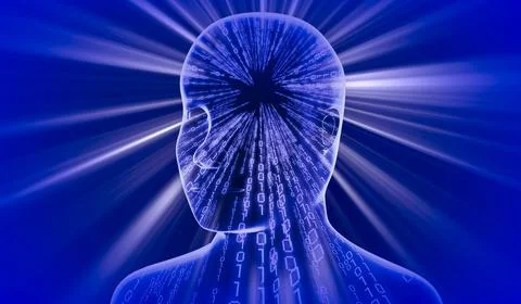 Geometrical man face with binary code and rays of light - 3D illustration Illustrazione stock