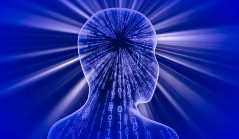 Geometrical man face with binary code and rays of light - 3D illustration 스톡 일러스트