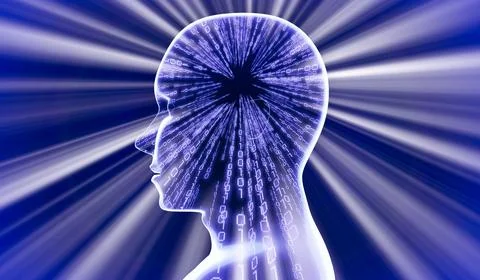 Geometrical man face with binary code and rays of light - 3D illustration Stock Illustration