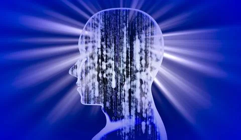 Geometrical man face with binary code and rays of light - 3D illustration 스톡 일러스트