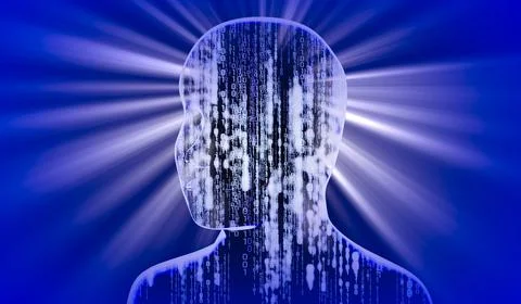 Geometrical man face with binary code and rays of light - 3D illustration Stock Illustration