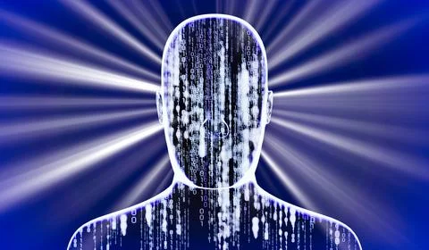Geometrical man face with binary code and rays of light - 3D illustration Stock Illustration