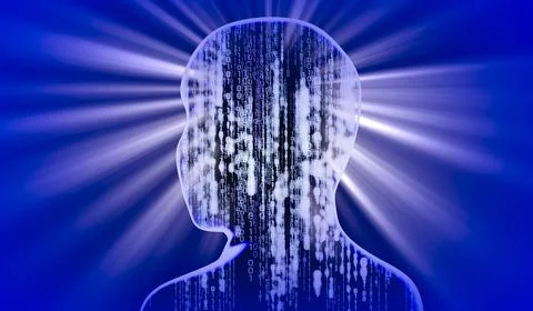 Geometrical man face with binary code and rays of light - 3D illustration Stock Illustration