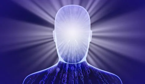 Geometrical man face with binary code and rays of light - 3D illustration Stock Illustration