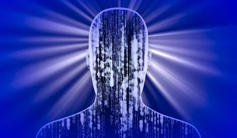 Geometrical man face with binary code and rays of light - 3D illustration Illustrazione stock
