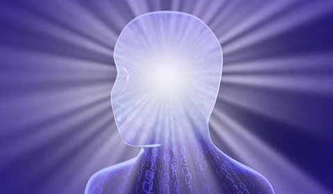 Geometrical man face with binary code and rays of light - 3D illustration Stock Illustration