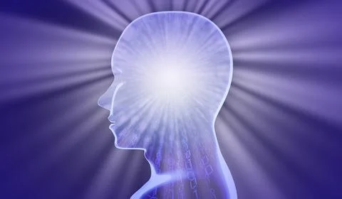 Geometrical man face with binary code and rays of light - 3D illustration Illustrazione stock