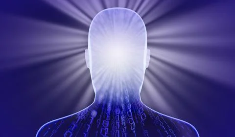 Geometrical man face with binary code and rays of light - 3D illustration Stock Illustration