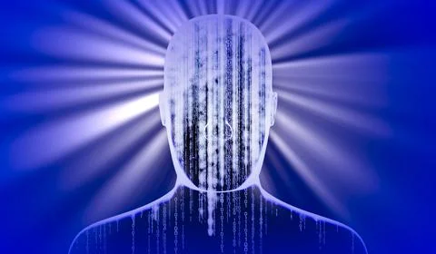 Geometrical man face with binary code and rays of light - 3D illustration Illustrazione stock
