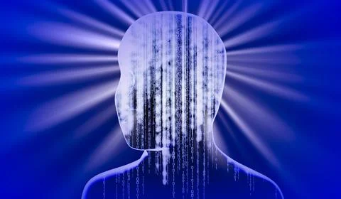 Geometrical man face with binary code and rays of light - 3D illustration Stockillustratie