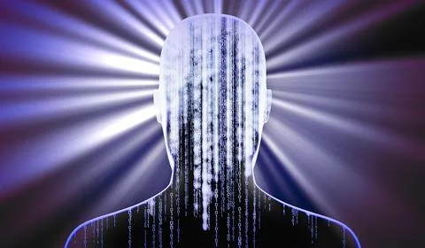 Geometrical man face with binary code and rays of light - 3D illustration Stock Illustration
