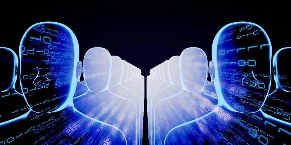 Geometrical men faces with binary code - 3D illustration Stock-Illustration