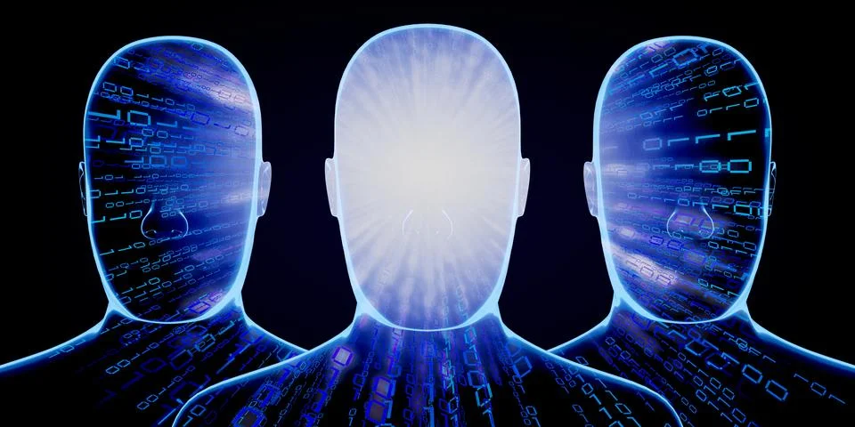 Geometrical men faces with binary code - 3D illustration Illustrazione stock