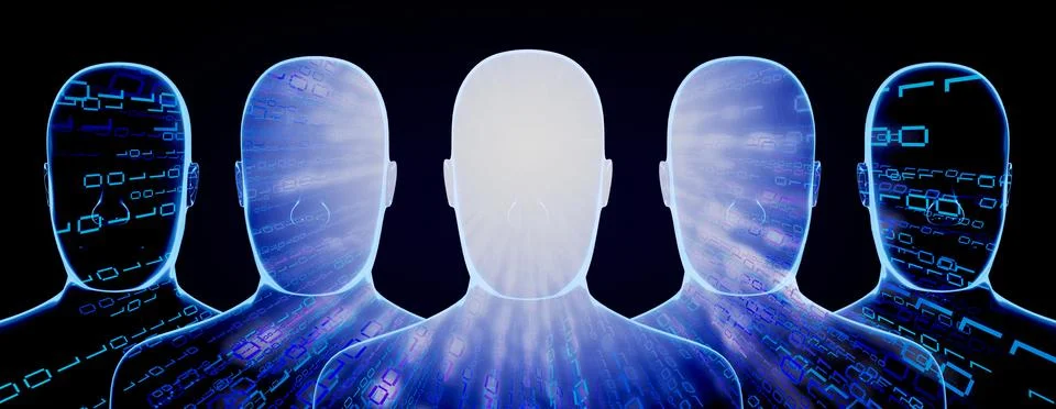Geometrical men faces with binary code - 3D illustration イラスト素材