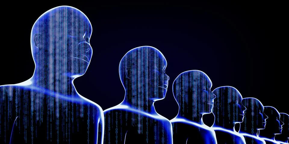 Geometrical men faces with binary code - 3D illustration Stock Illustration