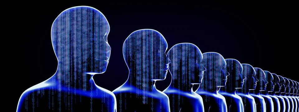 Geometrical men faces with binary code - 3D illustration Illustrazione stock