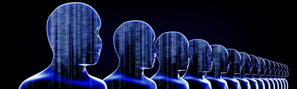 Geometrical men faces with binary code - 3D illustration Stock-Illustration