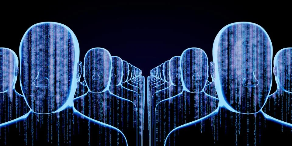 Geometrical men faces with binary code - 3D illustration イラスト素材