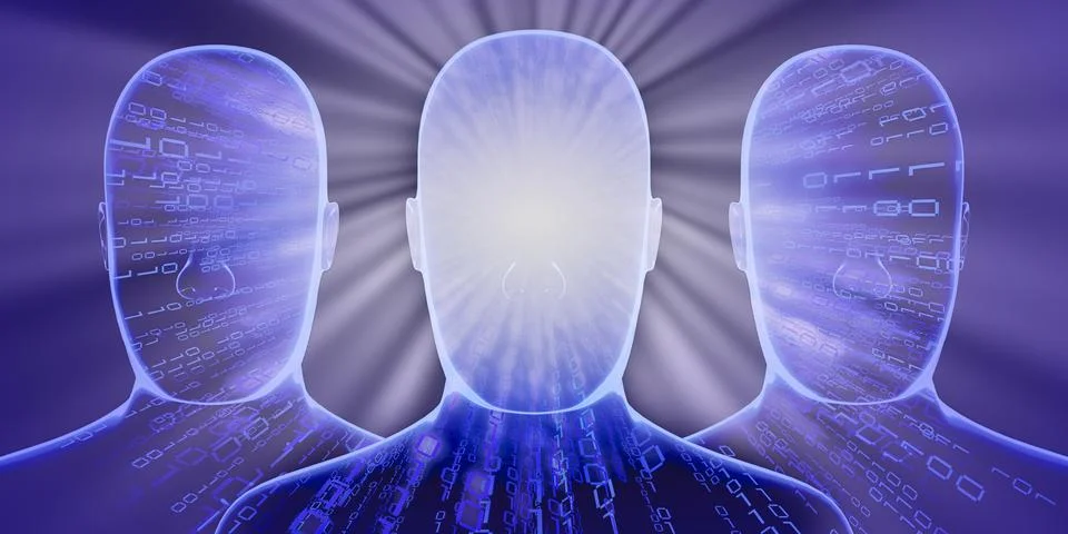 Geometrical men faces with binary code and rays of light - 3D illustration Stock Illustration