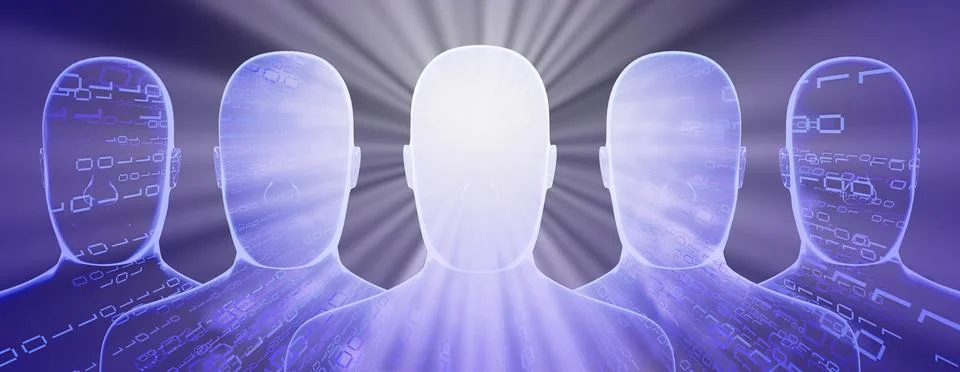 Geometrical men faces with binary code and rays of light - 3D illustration Stock Illustration