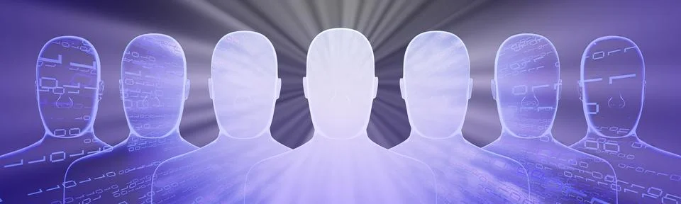 Geometrical men faces with binary code and rays of light - 3D illustration Stock-Illustration