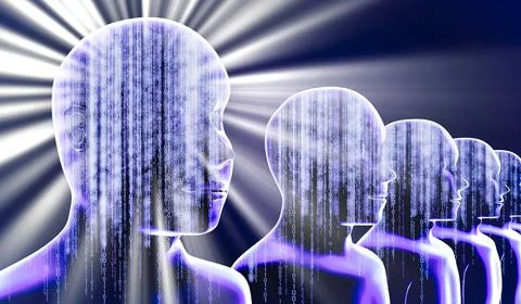 Geometrical men faces with binary code and rays of light - 3D illustration イラスト素材