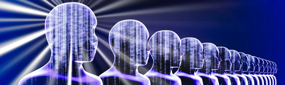 Geometrical men faces with binary code and rays of light - 3D illustration Illustrazione stock