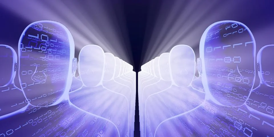 Geometrical men faces with binary code and rays of light - 3D illustration Illustrazione stock