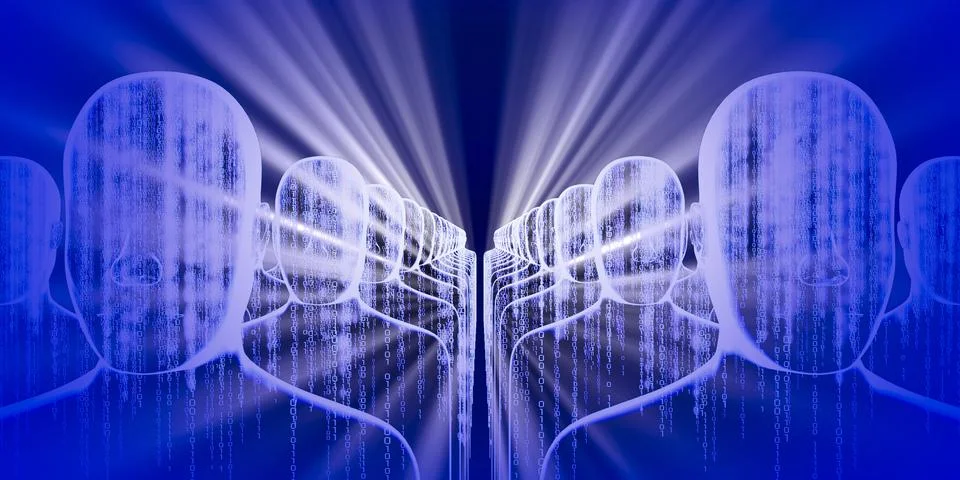 Geometrical men faces with binary code and rays of light - 3D illustration Illustrazione stock