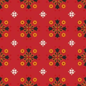 Geometrical vector seamless pattern black and yellow flower with red background Stock Illustration