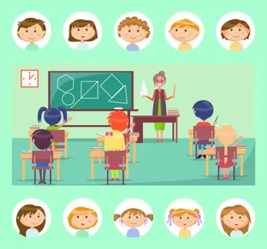 Geometry Class, School Teacher and Pupils at Desks Stock Illustration