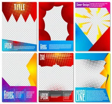 Geometry comic book style cartoon brochure, flyer template. Pack of six abstr Illustrazione stock