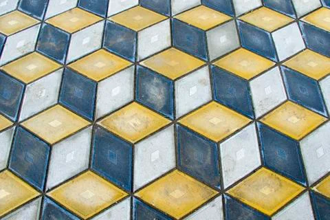 Geometry cubes optical illusion floor in the park of Tbilisi. Geometry figure Stock Photos