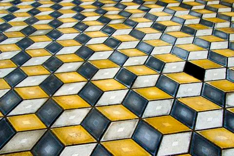 Geometry cubes optical illusion floor in the park of Tbilisi. Geometry figure Stock Photos