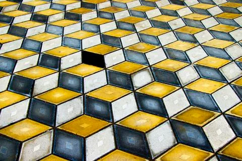 Geometry cubes optical illusion floor in the park of Tbilisi. Geometry figure Stock Photos