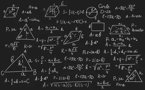 Geometry formulas, science and education background. Chalkboard inscribed with Stock Illustration