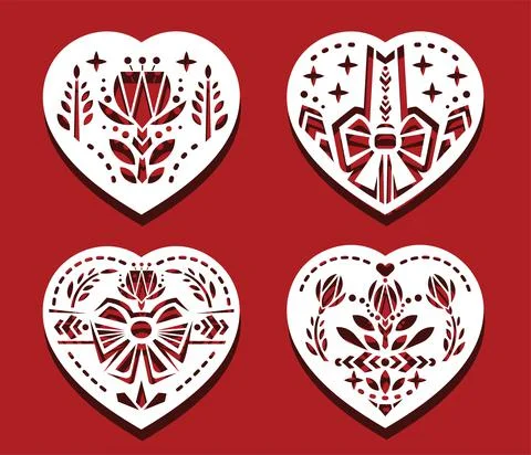 Geometry hearts on the red background for laser cutting. Set of white ornamental Stock Illustration