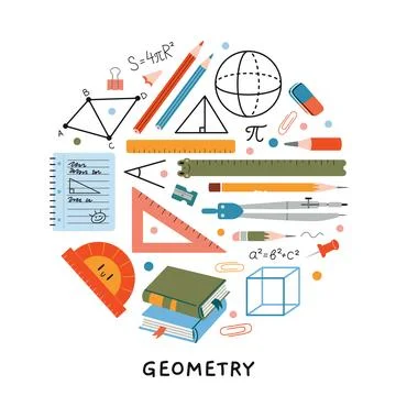 Geometry lesson at school. Round composition with textbooks, notebook, compas Stock Illustration