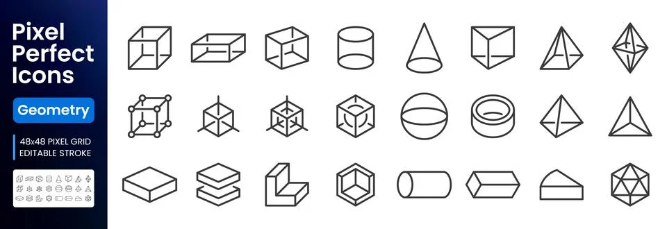 Geometry line icon set. Cube, sphere, pyramid, cylinder, cone, torus, prism Stock Illustration